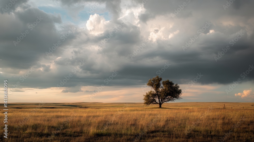 Poster serene lone tree stands against a cloudy dramatic skyline in expansive field creating moody ambiance