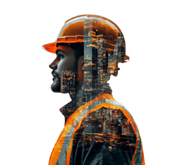 Worker in Safety Gear with City Skyline Reflection for Construction Theme