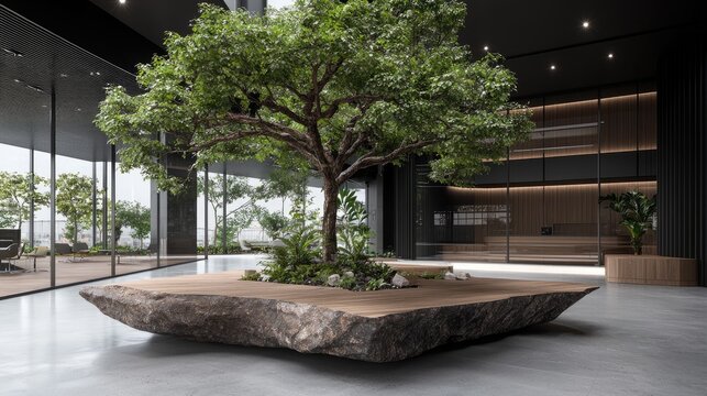 Modern interior design olive tree in stone planter tranquil natural element for commercial spaces