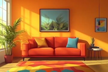 Modern Interior Design Living Room with Orange Sofa and Natural Light Featuring Vibrant Artwork and Cozy Home Decor