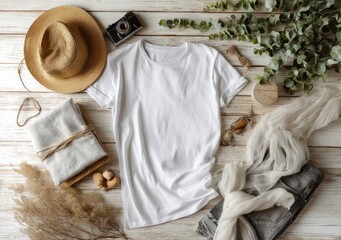 A blank white T-shirt, like jeans, a hat, a scarf, a blanket, and bohemian-themed decor, laid out flat on an elegant tabletop.