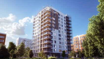 Fototapeta premium Modern Apartment Building Under Construction Sunny Day Scene