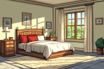 Cozy Bedroom Interior Design with Modern Furniture and Decorative Elements Featuring Bed, Nightstand & Wooden Flooring