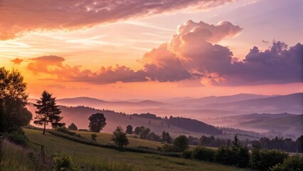 Obraz premium Golden sunlight paints the mountain landscape at sunrise and sunset, with orange and red hues coloring the sky and clouds