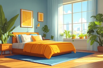 Modern Bedroom Interior Design: Cozy Home Decor with Orange Bedding, Indoor Plants, Blue Walls, and Natural Light