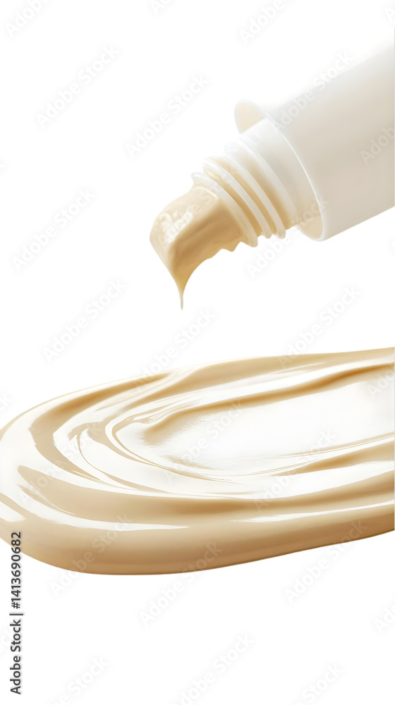 Poster realistic image of foundation cream dripping and swatch against transparent background