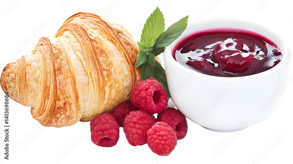 Poster realistic image of croissant with raspberry jam and fresh berries in white background