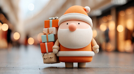 3D render of cartoon Santa Claus holding colorful presents with a joyful expression festive and modern atmosphere with soft blurred background symbolizing generosity joy and holiday spirit

