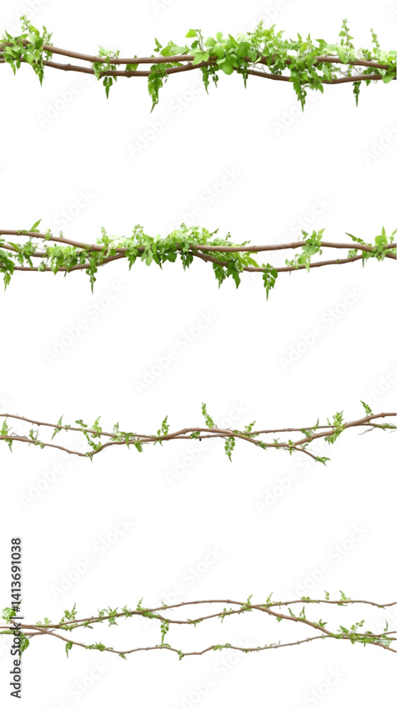Poster realistic isolated branch row with green leaves and transparent background