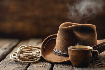 A steaming cup of coffee sits beside a cowboy hat and rope on a rustic wooden table.  A classic western scene.