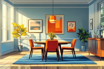 Fototapeta premium Modern Dining Room Design: Bright Colors, Natural Light & Minimalist Style
