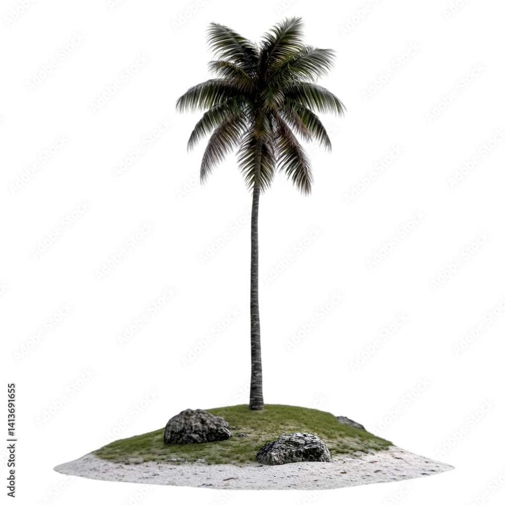 Poster realistic isolated photo of palm tree on a small island with transparent background