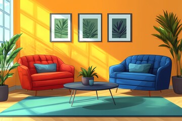 Contemporary and Elegant Living Room Interior Design with Modern Furnishings and Greenery