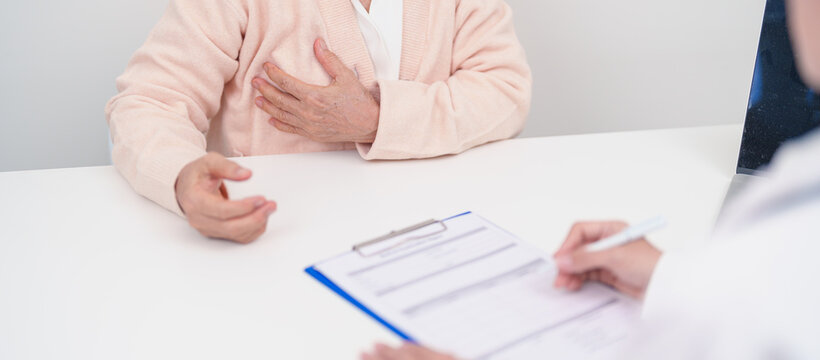 elderly Woman Chest ache because Respiratory and Cardiovascular system failure. Lung Cancer, Asthma disease, Chronic Obstructive Pulmonary, Bronchitis, Cystic Fibrosis, Bronchiectasis, Pneumonia - Powered by Adobe