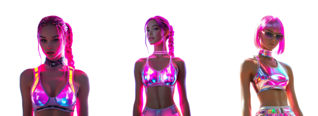 Futuristic Fashion Model in Vibrant Neon Outfits with Bold Colors