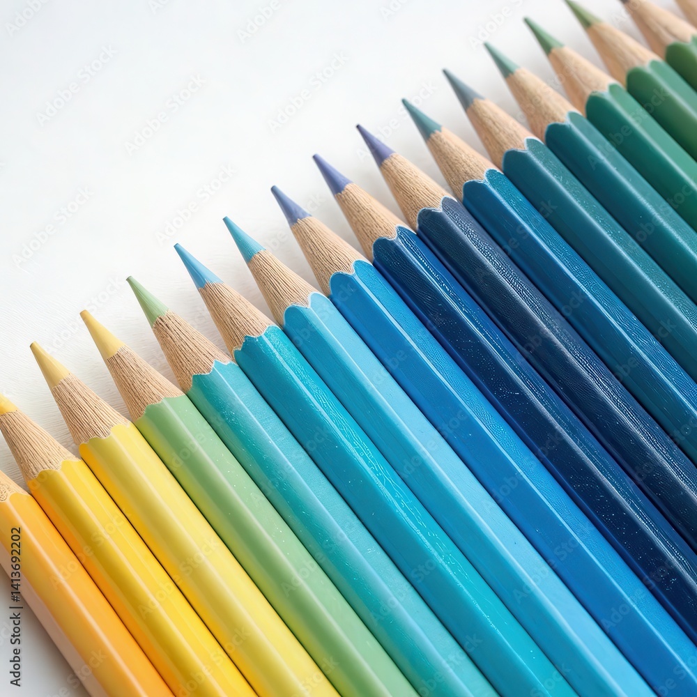 Poster colorful array of colored pencils arranged in a neat row.