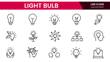 Fototapeta premium Vector illustration web line icon collection showcasing light bulb designs representing ideas, innovation, creativity, energy, solutions, thinking, inspiration, technology, brightness, and invention.