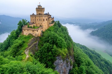 Fototapeta premium A castle in Germanyâ€™s Bavarian Alps, surrounded by mist and dense forest