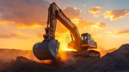 crawler excavator digs into the earth at sunset. World Engineering Day. International Workers' Day