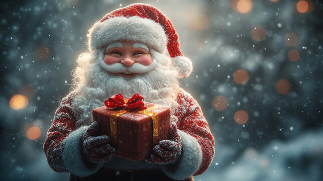 3D render of cartoon Santa Claus holding colorful presents with a joyful expression festive and modern atmosphere with soft blurred background symbolizing generosity joy and holiday spirit

