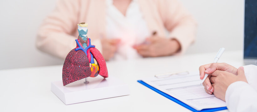 Doctor with Respiratory system. Elderly Patient consultation medical health for Lung Cancer, Asthma, Chronic Obstructive Pulmonary, Bronchitis, Emphysema, Cystic Fibrosis, Bronchiectasis, Pneumonia