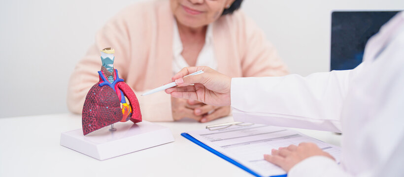 Doctor with Respiratory system. Elderly Patient consultation medical health for Lung Cancer, Asthma, Chronic Obstructive Pulmonary, Bronchitis, Emphysema, Cystic Fibrosis, Bronchiectasis, Pneumonia