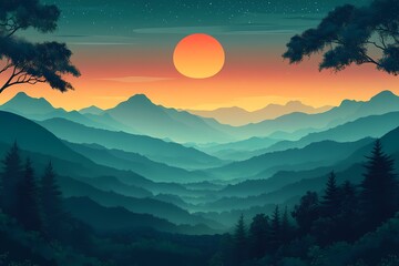Fototapeta premium Majestic Mountain Range Sunset: Digital Artwork Illustration of Tranquil Nature's Beauty