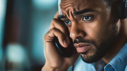Focused man listening on a call.