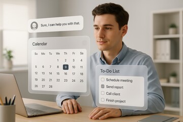 Obraz premium Modern Productivity: A focused individual seamlessly integrates virtual calendar and to-do list, with innovative technological advancements. A modern workspace, productivity and innovative concept.
