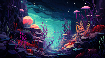 Fototapeta premium underwater abyss with nightmarish sea creatures illustration background poster decorative painting