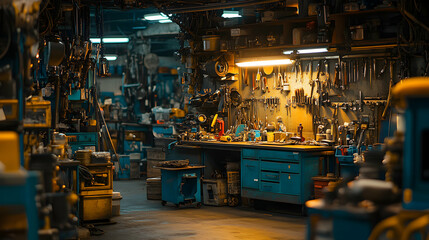 A well-lit workbench in a cluttered industrial workshop, showcasing an array of tools and equipment. The scene is evocative of hard work and craftsmanship.