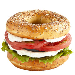 Bagel with Fresh Mozzarella, Tomato and Lettuce. Delicious Healthy Sandwich on White Background.