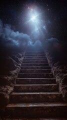 A stairway leading to a luminous celestial destination at night.