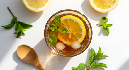 Refreshing Iced Tea With Lemon And Mint Summer Drink Top View