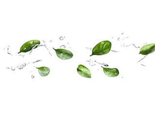 Realistic Photo of Green Basil Leaves with Water Splash on Transparent Background