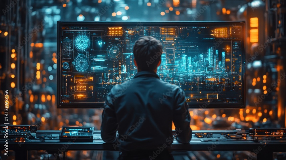 Poster futuristic cityscape displayed on a large monitor in a technological environment