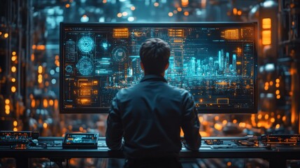 Futuristic Cityscape Displayed on a Large Monitor in a Technological Environment