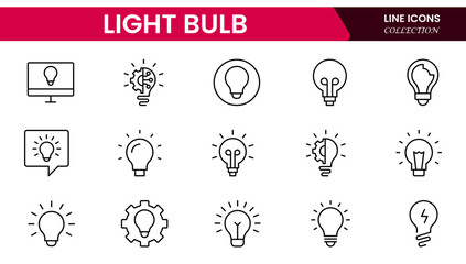 Vector illustration web line icon collection showcasing light bulb designs representing ideas, innovation, creativity, energy, solutions, thinking, inspiration, technology, brightness, and invention.