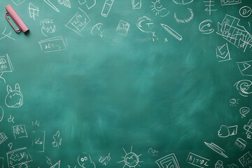 Green chalkboard with school doodles, education and learning background.