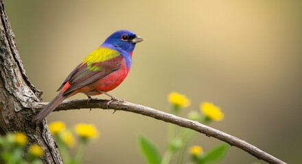 Obraz premium A close-up photograph of a Painted Bunting perched on a small tree branch.