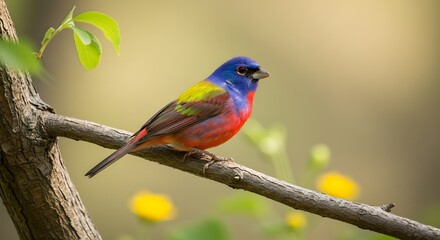 Fototapeta premium A close-up photograph of a Painted Bunting perched on a small tree branch.