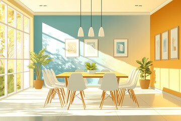 Fototapeta premium Modern Dining Room Interior Design: Bright, Spacious, and Stylish with Cozy Atmosphere and Natural Light
