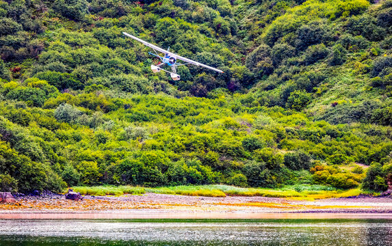 Katmai National Park and Preserve, Alaska. Landscape view of float plane landing in a cove.