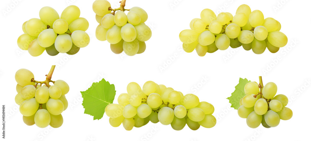 Poster six bunches of fresh green grapes isolated on a transparent background in a studio setting view of t