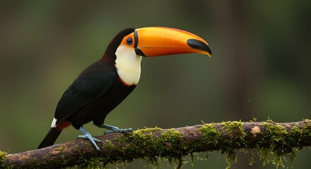 Naklejka premium A Toco Toucan with a large, bright orange beak standing on a mossy branch.
