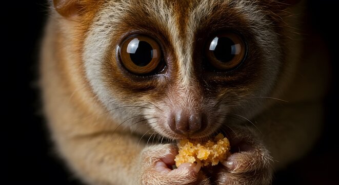 AI image offering an extreme closeup of an adorable Slow Loris intently eating a piece of crumbly food it holds tightly.