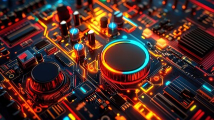 Fototapeta premium intricate motherboard detail with vibrant neon glows illuminating circuits and components in a futuristic technological landscape