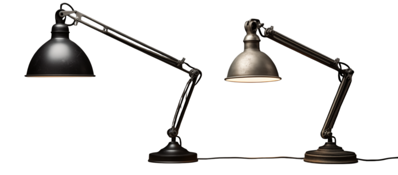 Two industrial desk lamps with articulated arms and metal shades on a transparent background studio shot png