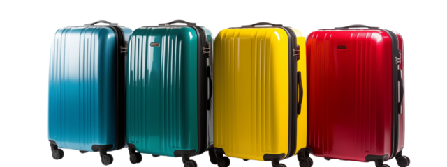 Four colorful suitcases standing side by side in a row ready for travel and adventure vacation time png