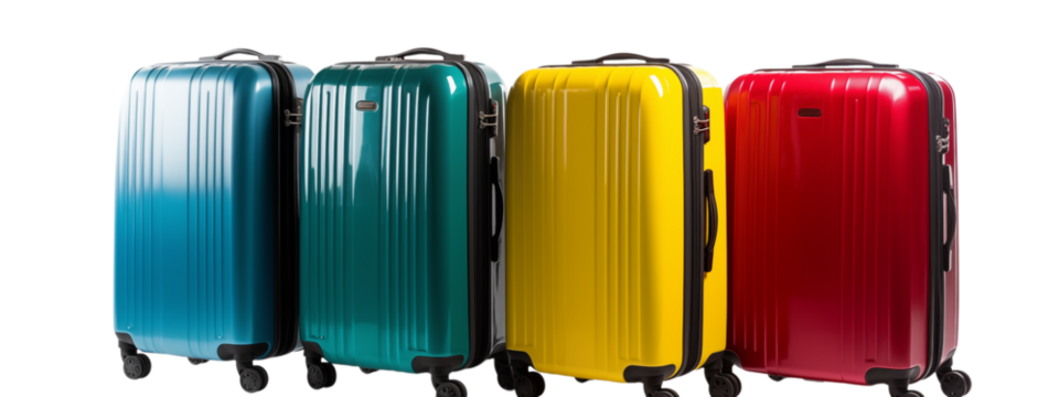 Four colorful suitcases standing side by side in a row ready for travel and adventure vacation time png